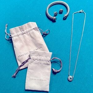 David Yurman Braided Silver Blue Topaz Bangle, Necklace & Earrings Set